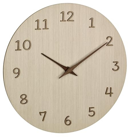 TFA Dostmann Horloge Murale analogique en Bois, 60.3072.01, Chiffres 3D et Aiguilles Inclus, Horloge pour Cuisine/Salon/Bureau, Objet de décoration, 30 cm de diamètre, Marron Clair