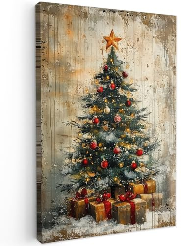 MuchoWow© Weihnachtsdeko Leinwandbilder Groß XXL Wall Art Decoration Bilder | 80x120 cm - Weihnachtsgeschenke für die Wand Deko Canvas Painting Wanddekoration Wohnzimmer Weihnachtsbaum - Vintage