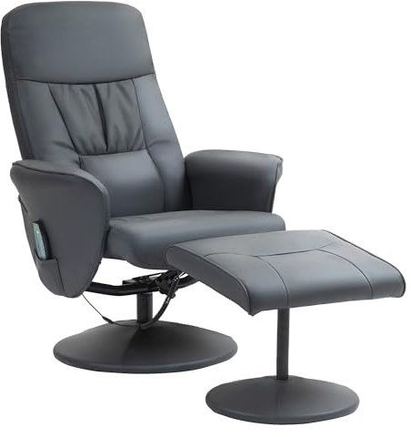 HOMCOM Relaxsessel mit Hocker, drehbarer Fernsehsessel mit 10 Massagepunkte, Liegefunktion, Massagesessel mit Fernbedienung, Seitentasche, TV-Sessel, Kunstleder, Dunkelgrau