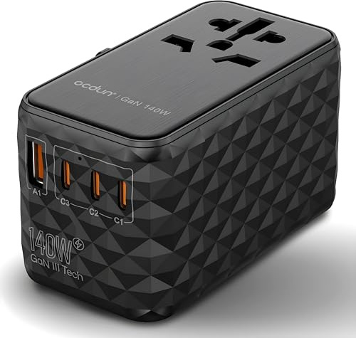 ocdun 140W GaN III Universal Travel Adapter, Black | 1 USB A & 3 USB C Ports, Worldwide Power Outlet, UK to US, Europe, AUS, Ireland, Thailand