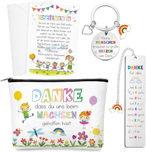 Tenare 5er Set Danke Geschenke zum Lehrertag, Erzieherin | Schlüsselanhänger mit Gravur, Metall Lesezeichen, Lehrerin Kosmetiktasche, Dankeskarte mit Umschlag