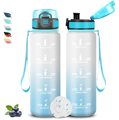 Bouteille, Gourde 1l, Bouteille Sport avec Filtre, Water Bottle Motivation, avec Marqueur de Temps, Gourde Graduée pour 1 Journee, Facile à Nettoyer, Water Bottle pour Running, Voyage, Extérieur