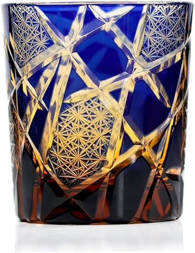 LOUISEYUN Edo Kiriko Verres à whisky en cristal Bleu cobalt 255 g avec coffret cadeau pour whisky, scotch, bourbon, cocktail et jus de fruits