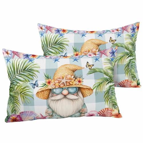Outdoor Waterproof Pillow Covers Tropical Dwarf Palm Tree Decorative Throw Pillow Protectors Gnomes Sea Star on Green Plaid Pillowcase Cushion Cases for Patio Sofa Garden Couch 20x12IN Pack of 2