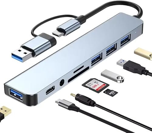 TVD DIGITAL Hub USB C 8 en 1 avec 4 ports, lecteur de carte SD/TF, jack casque 3,5 mm, port de données - Compatible avec Mac/Windows/Linux/Tablette/Smartphone