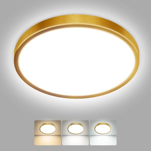 hepside LED Ceiling Light,3000K/4000K/6500K 3 Color Temperature,Waterproof LED Ceiling Lamp, Modern,Round Flush Ceiling Light for Bathroom,Bedroom, Kitchen, HallwayØ18CM(Gold)