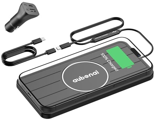 Aubenai Induktive Ladestation Auto, 15W Schnelles Kabelloses Ladepad Auto rutschfeste Induktive Ladestation Auto mit 70cm USB-C Verlängerungskabel, kompatibel mit iPhone 16/15/14/13, Samsung, Google