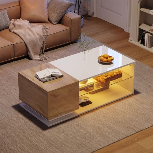 Billg Couchtisch Rechteck, Modern Wohnzimmertisch mit LED-Licht und 1 Türen, Regal aus Glas, Doppelschicht Offener Stauraum, Hochglanz Kaffeetisch, Beistelltisch für Wohnzimmer, Büro, 105x50x36cm
