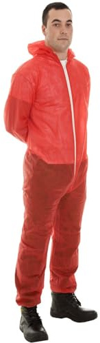 IndustraCare 5 PACK - Poly Prop White Economy Lightweight Disposable Overall BoilersuitRed - Zip up, elasticated hood, ankles and wrists