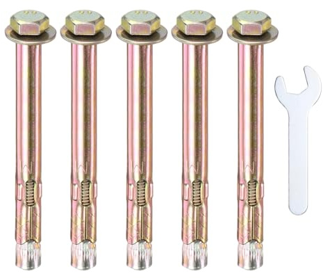 M METERXITY 5-Pack Hex Expansion Bolt, M6x80mm Colored Galvanized Iron-Carbon Steel External Hex Expansion Bolts W/ 10mm Wrench, Anti-Corrosion Metal Bolt for Concrete/Dry Brick/Block Walls