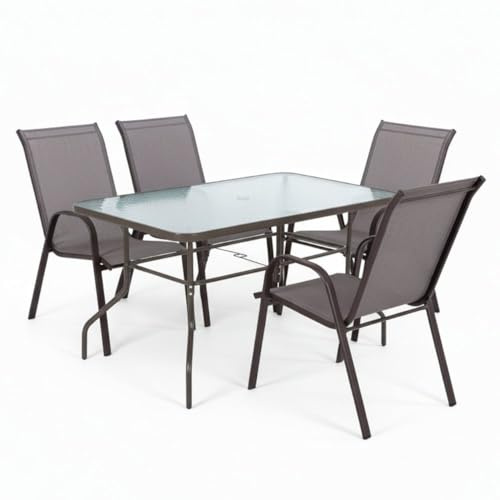 MONTY Conjunto Exterior | Mesa 140 cm de Acero y Cristal Templado + 4 Sillas de Textileno Antracita | Resistente: Pintura anticorrosión, Tela Doble | Transpirables, Apliables | Classic