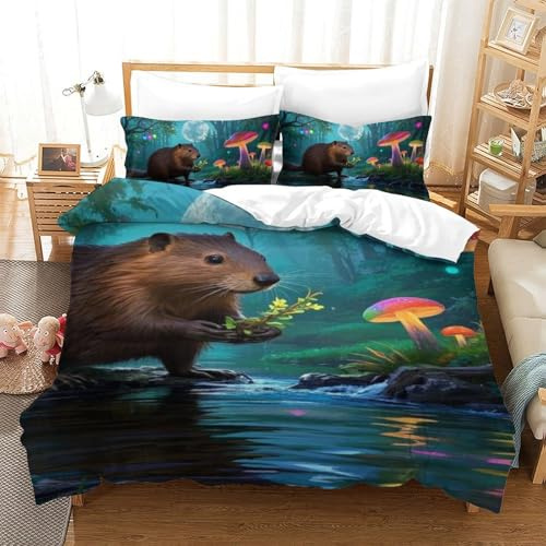 QIAVXZIP 3D Beaver Soft Printed Bedding Set 3 Pieces Duvet Cover Microfiber with Pillowcases for Adults Kids Bedroom Soft Zipper Single（140x200cm）