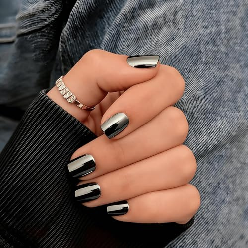 KQueenest Press On Nails Kurz - Chrome Schwarz Künstliche Nägel zum Aufkleben Kurz Eckig, 30 Stück 15 Größen Metallic Fake Nails Press ons, Wiederverwendbar Dick Sparkle Acryl Nägel für Damen