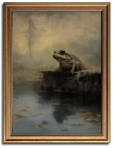 Gold Framed Wall Art Vintage Moody Canvas Wall Art Frog Artwork Dark Academia Prints Rustic Cottagecore Picture for Living Room Farmhouse Office Decor, 8x10