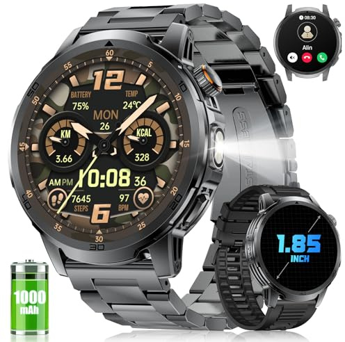 FITFLEX Smartwatch Herren-1000 mAh/1,85 HD, Telefonfunktion/Schlafmonitor | Militär Smart Watch, LED Licht/120+Sportmodi, 24/7 Herzfrequenz Schrittzähler, IP68 Wasserdicht, für Android iOS, Schwarz