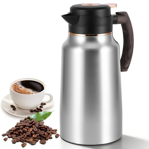 2L Thermal Coffee Jug, Stainless Steel Double Wall Vacuum Flask, Press Button Top Long-Lasting Heat & Cold Retention, Thermo Flask with Precise Flow Control Spout for Coffee, Tea, Milk Home Office