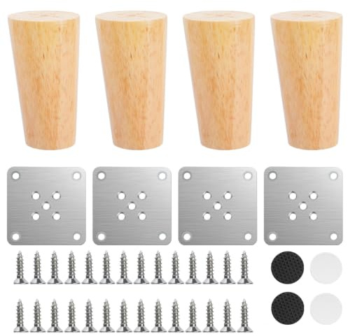 4 Pz Piedini per Mobili in Legno 15cm, Piedi per Mobili, Gambe per Mobilie, Gambe Tavolo, Piedi Letto, Piedini per Divano Letto Dritte e Affusolate per Tavoli, Cassettiere, Sedie, con Accessori
