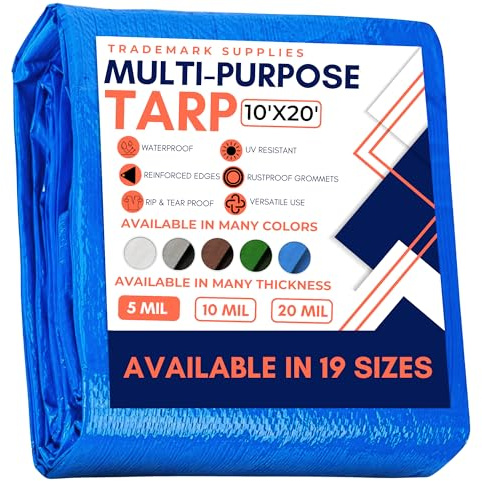 Large Waterproof Tarp - Heavy Duty 5 Mil Thick Poly Tarpaulin Ideal for Canopy Tents, Boats, RV or Pool Covers - Multipurpose Protective Tarps with Grommets for Indoor and Outdoor Use | 10' x 20'