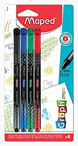 Maped Graph'Peps Deco - Fieltros de punta fina de 0,4 mm, punta resistente, comodidad de escritura y dibujo, 4 bolígrafos de fieltro, color negro, verde, rojo, azul