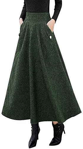 Idealsanxun - Falda Larga de Lana para Mujer, de Cintura Alta, Acampanada, a Cuadros, para otoño e Invierno, Militar, Large