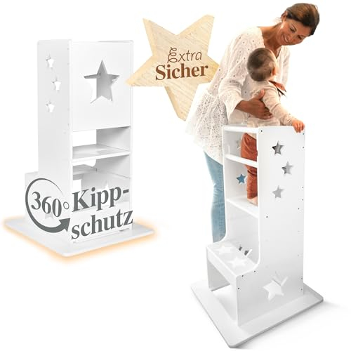Kids Woody Star® Lernturm ab 1 Jahr [360° KIPPSCHUTZ] Höhenverstellbar Learning Tower Lernturm Montessori | Tritthocker Kinder | Schemel Lernstuhl Lerntower | Weiß