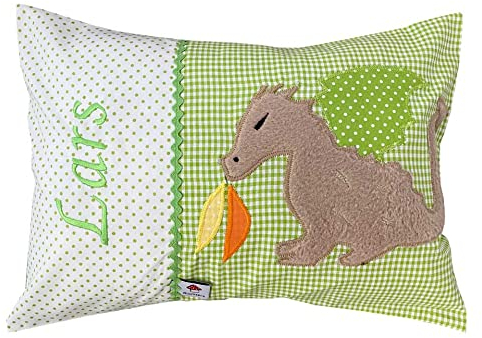 Glückspilz Namenskissen, Babykissen mit Namen Bestickt, Drache grün, 40 x 60 cm