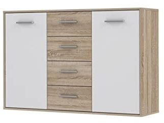 Forte Cómoda ANTUZA con 2 Puertas y 4 cajones, Material de Madera, Roble Sonoma/Blanco, Ancho x Alto x Profundidad: 122,6x88,1x34,2 cm