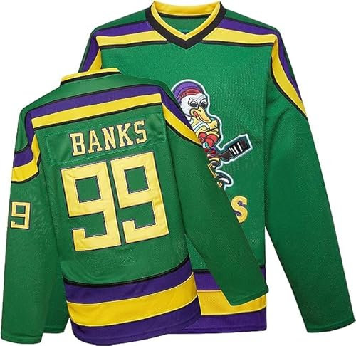 Mighty Ducks Jersey Film Eishockey Trikot S-XXXL Charlie Conway #96 Adam Banks #99, 90er Hip Hop Kleidung für Party, 99#GRÜN, L