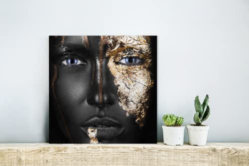 MuchoWow Glasbild Glasfoto Wandbild Bilder Deko 20x20 cm Frau - Blattgold - Schwarz - Gold - Luxus
