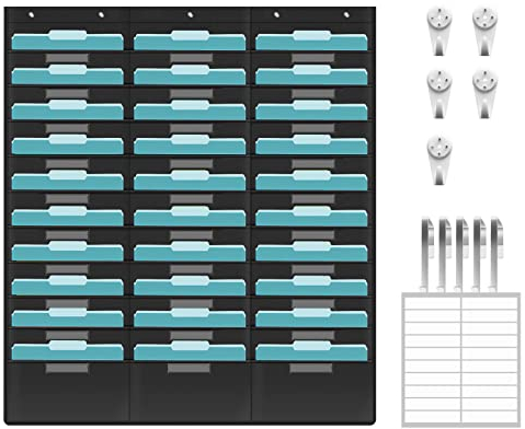 KIKIGOAL Hängemappe mit 30 Fächern, robuste Aufbewahrungstaschentabelle mit 30 Namensschild-Taschen für Aktenordner und Papier, Türhaken, Etiketten (30 Taschen)