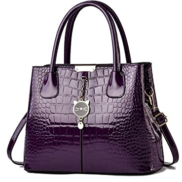 NICOLE & DORIS Handtaschen Damen Elegant Lackleder Handtasche Krokoprägung Henkeltasche Arbeits Taschen Damen Shopper Umhängetaschen Tote Bag mit Anhänger Violett