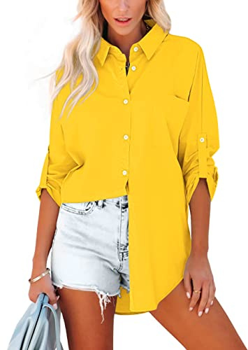 Homlan Damblus, bomull, långärmad, rollup, eleganta toppar, lediga skjortor, knapprad, enfärgad, långärmad skjorta, tunika, skjortblus med bröstfickor, GUL, XL