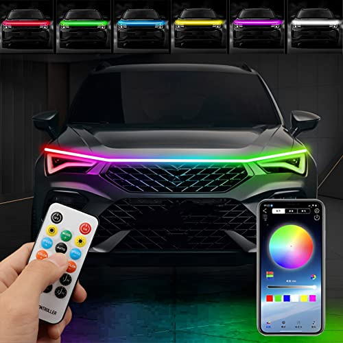 Auto Led Lichter, 12V Auto Motorhaube Ambientebeleuchtung, RGB Flexibler wasserdichter LED-Tagfahrlicht, Motorabdeckung Dekoration Streifen, APP und Fernbedienung LED-Dekorationslicht (120CM)