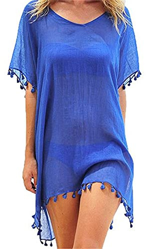 Edhomenn Women Chiffon Beachwear Tassel Bikini Cover Up Short Beach Dress Solid See-Through Swimsuit Summer Casual Swimwear