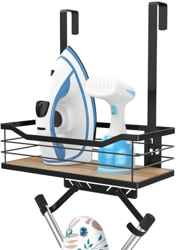 Vecallo Bügelbretthalter Wandhalterung – Waschküchen-Organisation und Bügelbretthalter, Waschküche, Bügeleisen und Aufbewahrung mit großem Aufbewahrungskorb aus Holz und abnehmbaren Haken (T- und