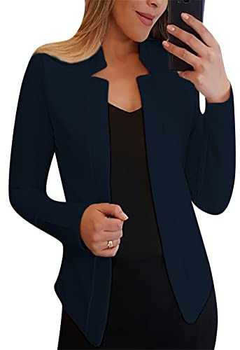 YMING Femme Élégant Open Front Long Sleeve Solid Color Short Blazer Plus Size Loose Lightweight Blazer Navy Blue L