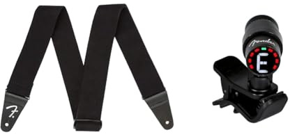 Fender® »SUPERSOFT STRAP« Flexibler Polyester Gitarrengurt - 5cm Breite - Farbe: Schwarz & Bullet Tuner, black