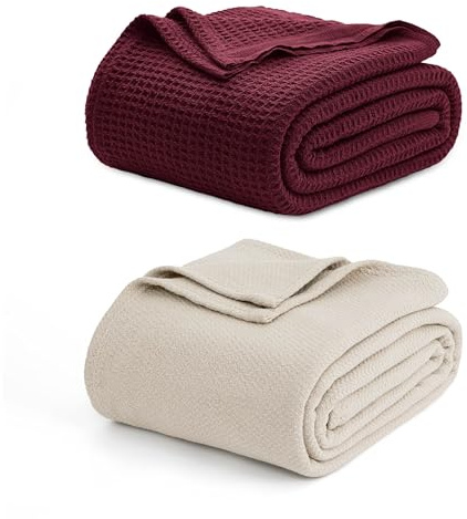 Bedsure Bundle of 1 Cotton Herringbone Weave Blanket Queen & 1 Cotton Waffle Weave Blanket Queen