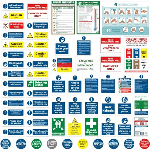 Complete Kitchen Safety Signs Set - 65 Pcs - Matte Self-Adhesive Vinyl Sticker, Waterproof and Oil-Proof - Raw Meat Only, Do not store raw and cooked food together and Fish Only not included