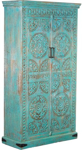 DRW Schrank mit 2 Türen, dekoriert, aus Holz, ethnischer orientalischer Stil, mit Mandalas, Blau, 100 x 40 x 180 cm