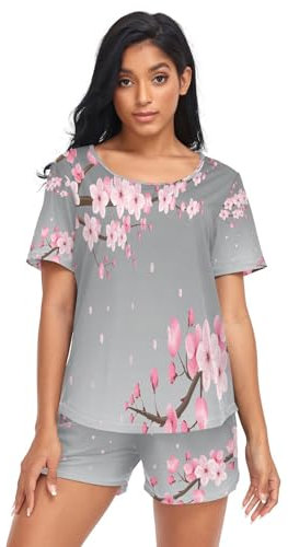 HMZXZ Damen Schlafanzug-Set Blume Kirschblüte Sommer Pyjama Woman Set,Japanese Blume Loungewear und Shorts Lounge Set Sleepwear Nachtwäsche