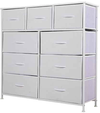 Panana Fabric Chest of Drawer, Tall Dresser Storage Drawer with 9 Drawers Bins for Closet - Steel Frame, Wood Top Organizer for Bedroom, Kids room, Living room, Closet (White)