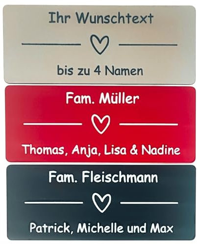 Personalisierbares Klingelschild – Herz und Strich – graviertes Namensschild – selbstklebend mit 3M – wetterfest – Made in Germany – viele Farben & Größen – Kunststoffschild für Briefkasten