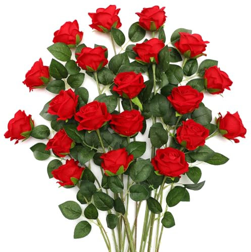 JUSTOYOU 20 PCS Künstliche Rosen,Seide blühende Rose mit Stiel, künstliche Rose Bouquet Realistische Blume für Home Table Office Party Hochzeit Garten Arrangements(rot)
