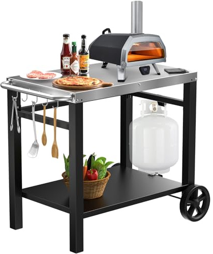 Edelstahl-Grillwagen, Pizzaofenständer, Trolley-Tisch, beweglicher, flacher Grillwagen mit Rollen, doppeltes Regal, beweglicher Lebensmittelzubereitungs- und Arbeitswagentisch, robuster Grillwagen,