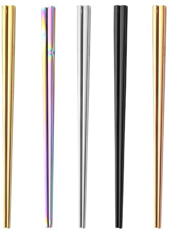 Bacchette in acciaio inox, 5 paia di bacchette in metallo antiscivolo lavabili in lavastoviglie, bacchette quadrate leggere giapponesi, coreane, cinesi per scrivania, cucina, sala da pranzo