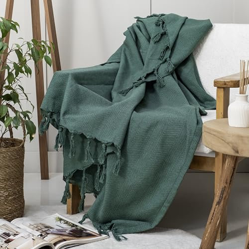 Milam London Coperta leggera e sottile, a spina di pesce, per poltrone, divani, sedie e letto singolo, coperta in cotone 130 x 180 cm, verde