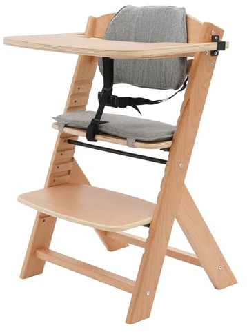 Treppenhochstuhl, Holz-Hochstuhl, Hochstuhl Baby, Abnehmbares Tablett, Verstellbarer Sitz & Fußstütze, 3-Punkt-Sicherheitsgurt, Kinderhochstuhl aus Holz natur - Stuhl bis 60 kg belastbar, Naturholz
