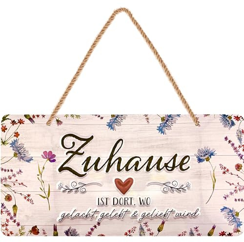 LANOLU Retro Blechschild- ZUHAUSE SCHILD- ZUHAUSE ist es am SCHÖNSTEN - Geschenk zum Einzug - Richtfest Geschenk - Metallschilder Familienregeln- inkl. Jutekordel 16x32cm