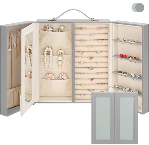 DesignSter Joyero para mujer, Caja Joyero portátil con espejo, organizador de joyas de viaje con asa para anillos, pendientes, pulseras, collares, Gris y verde té